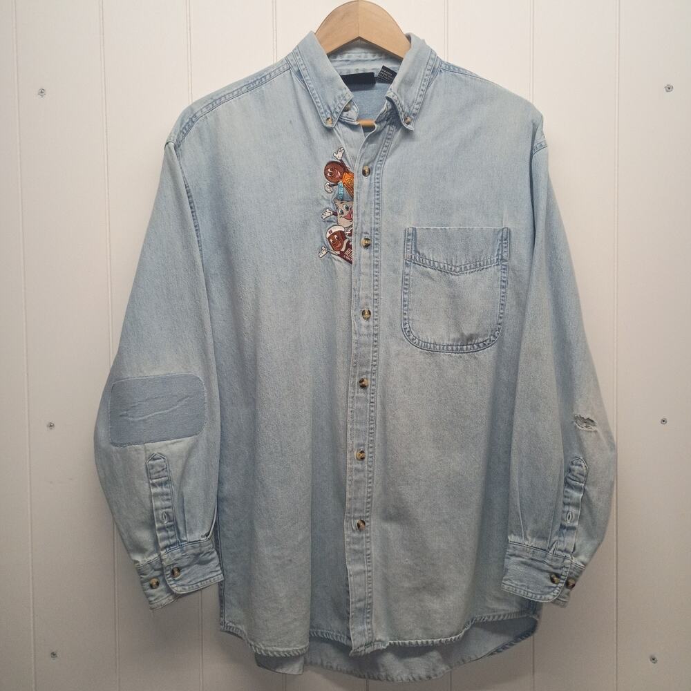 Outrageous Sports Men's Denim Button Down Long Sleeve Chocolate Embroidered MED